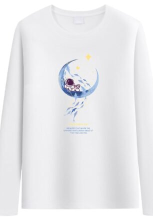 Buzz Selection TSL052 Long Sleeve T-Shirt, Long Tee, Crescent Moon Logo, Cut and Sew Top, Printed, Men's, Women's, white