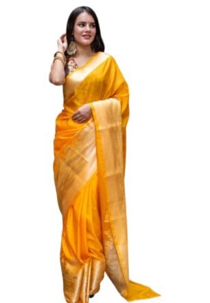 Banarasi Wam Silk Saree, Yellow, Zari Woven Border and Pallu, Traditional Ghat Design, Wedding Occasion (yellow)