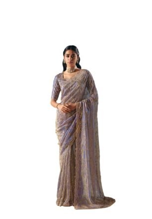 Lavender Organza Saree with Gold Embroidery, Half Sleeve Blouse