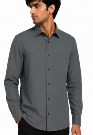 Coral Men's Solid Formal Button-Up Shirt, Grey, Long Sleeve with Chest Pocket