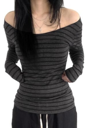 Y2K Shirts Long Sleeve V Neck Grunge Aesthetic T Shirt for Women, 95 Stripe Deep Grey, Large
