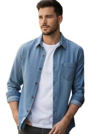 Men's Denim Shirt, Long Sleeve Button Down Casual Shirt with Chest Pocket (in, Alpha, 2XL, Regular, Sky Blue)
