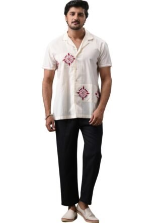 Anushree Malhotra Barfi - Kantha Hand Embroidery Half Sleeve Cuban Collar Shirt 100% Cotton for Men (Unisex) White