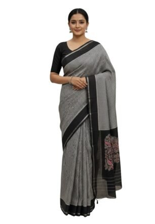 Kanchipuram Pattu Silk Saree, Black and Checkered Pattern with Pink Tree Embroidery, Fancy Design