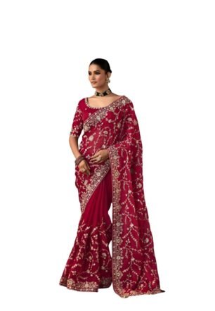 Designer Maroon Silk Saree with Gold Floral Embroidery, Half Sleeve Blouse, Zari Work Border
