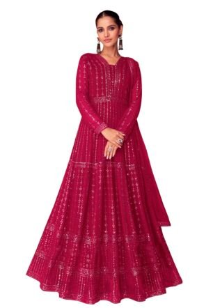 Women's Faux Georgette Full Sleeve Stitched Embroidered Ankle Length Pink Anarkali Gown with Dupatta (ME-1106-Pink)