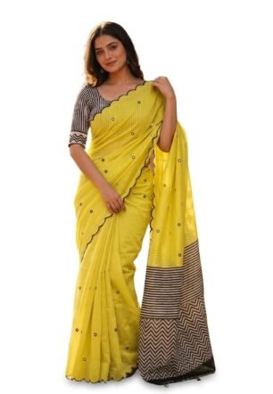Women's Linen Cotton Saree, Yellow