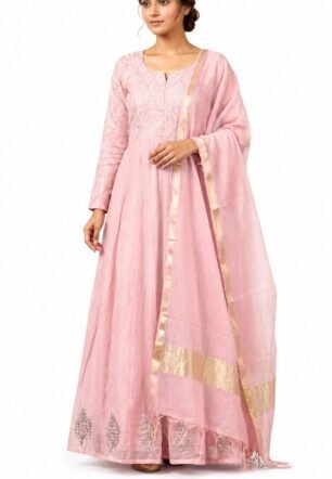 Gown in Mal Chanderi, Sage Green, Full Mukesh Embroidery Work, Sizes 36 to 50, Length 50 (in, Alpha, Regular, Pink)