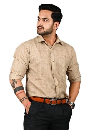 Men’s Long Sleeve Beige Gingham Check Shirt (Medium)