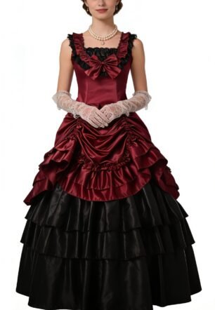 Womens Victorian Costume Renaissance Gothic Gown Ball Gown with Petticoat (Red/Black)