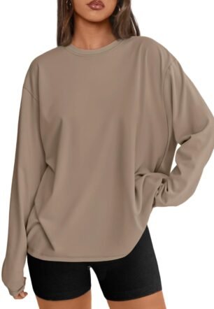 Womens Oversized Long Sleeve T Shirts Basic Crewneck Tee Fall Tops Casual Workout Fashion Casual Y2K Clothes, Khaki, 3XL