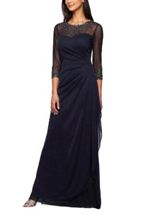 Women's 3/4 Sleeve Gown with Beaded Illusion Neckline Dress (Petite and Regular Sizes), Dark Navy, 8P