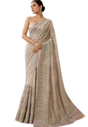 Blue Pastel Georgette Saree on Kashmiri Embroidery (Coffee beige)