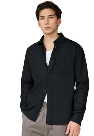 Men's Solid Regular Fit Full Sleeve Collared Neck Cotton Linen Blend Shirt_677618_Black