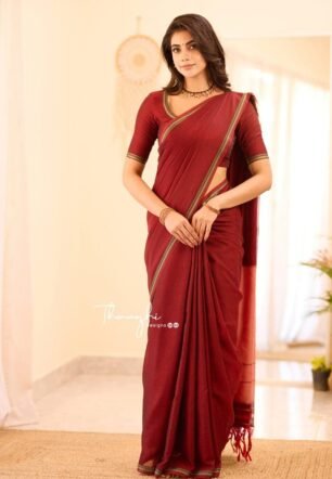 Handloom Cotton Khadi Saree for Women | Solid Maroon Soft Cotton Saree with Contrast Border | 5.5 Meter with Blouse Piece (MAROON)