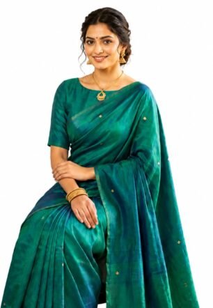 Peacock Colour Tissue Silk Saree with Gini Work Motifs for Women | Dual Tone Teal Blue & Emerald Green Saree | Unstitched Blouse Piece with Tassels