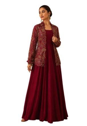 Women's Vichitra Silk Solid Gown with Heavy Embroidered Jacket | Festive Ethnic Dress (3XL) Maroon