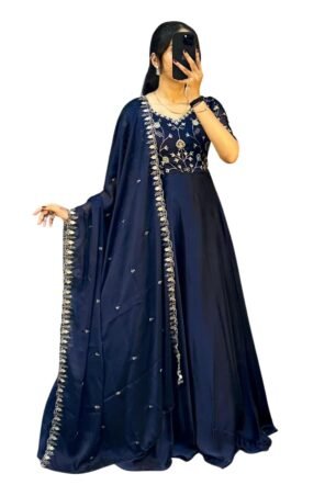 Dharam Creation Women Heavy Silk Embroidery Work Gown with Heavy Silk Dupatta Set | Designer Ethnic Wear Gown for Women Party, Wedding Dress (in, Alpha, Misha-Blue)