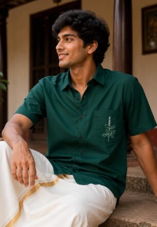 NichePlus Men's Onam Special Dark Green Half Sleeve Cotton Blend Shirt with Minimal Tulsi Pocket Print | Regular Fit Kerala Ethnic Casual Shirt for Onam, Vishu & Celebrations