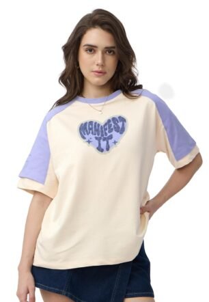 Oversized T-Shirt: Manifest It Women and Girls Short Sleeves Round Neck Off White and Blue Graphic Printed Cotton Oversized T-Shirts
