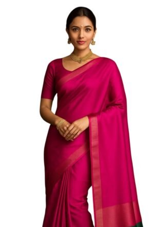 Traditional Silk Saree, Purple with Gold Border, Festive, Party, Weddings. (Pink)