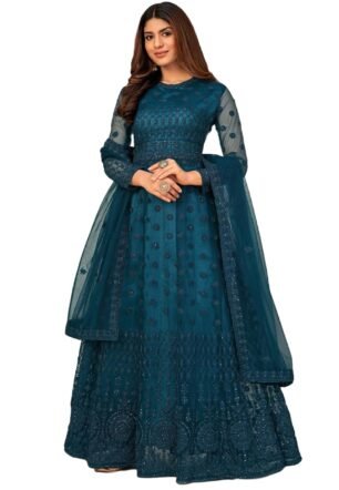 Women's Net Embroidered Semi-Stitched A-Line Gown Jivika Maxi Gown Petrol Teal, 3XL