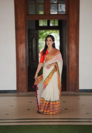 Sudip Collection Mull Cotton Saree for Women | White Soft Lightweight Handloom Cotton Saree with Multicolor Woven Border & Blouse Piece | Traditional Festive & Casual Wear