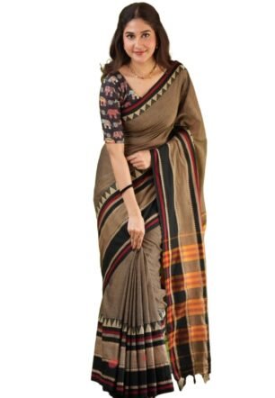 Traditional Cotton Khadi Handloom Saree, Brown with Geometric Border, Cotton Blend, Traditional Style, Rahina Model, Formal Wear (BROWN)
