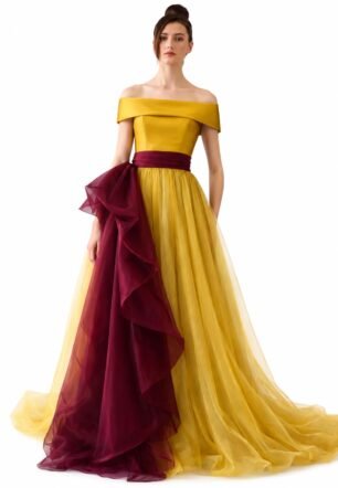 Off-Shoulder A-Line Ball Gown, Mustard Gold and Wine, Tulle Skirt with Organza Bow, Formal Evening Dress for Prom