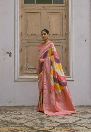 Multicolor Banarasi Silk Saree with Zari Work, Pink Yellow Purple