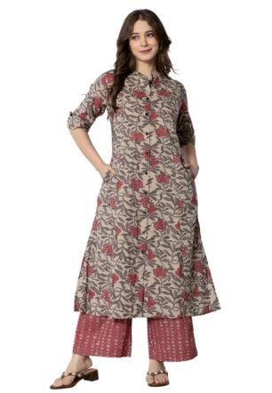 rytras Women's Cotton Printed A-Line Kurta with Palazzo Pant Set(Maroon, RYT583)
