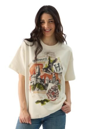 Official Harry Potter: Hogwarts Women and Girls Short Sleeve Round Neck Off White Graphic Printed Cotton Oversized T-Shirts