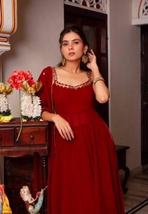 Women's Red Georgette Anarkali Suit Set – Embroidered Sleeveless Long Kurta with Sequined Dupatta and Palazzo – Elegant Festive Ethnic Gown – Deep Red (in, Alpha, Regular)