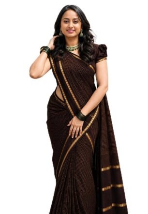 Pure Kalyani Cotton Saree for Women | Aarani Koora Kattam Checked Saree with Golden Zari Border | Tassels | Running Blouse | Kanjivaram Cotton Silk | Traditional Handloom Weave - Coffee Brown