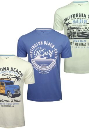 Men's T Shirts 3 Pack 100% Cotton Crew Neck Short Sleeve Regular Fit – Printed Casual T-Shirts for Men UK, 3-pack - Surf - Mint/Dutch Blue/Mrshml