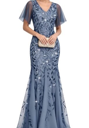 Women's Formal Evening Gowns Long Sparkly Sequin Elegant Tulle Sleeve Mother of Bride Dress Bodycon Maxi Prom Dresses, Dusty Blue, Large