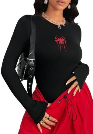 Womens Spider Graphic Long Sleeve Top Workout Basic Crew Neck Shirt Slim Fit, Black Red Spider