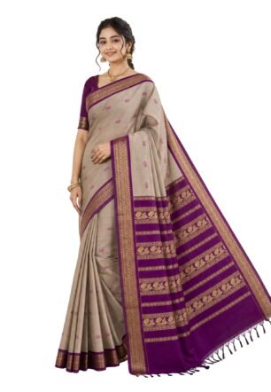 Pure Kalyani Cotton Saree | Zari Border & Blouse Piece – Lata Gadwal Design | Traditional Saree (Khaki with Purple)