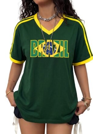 Brazil Shirt for Women Y2K Short Sleeve T Shirts Brazil Jersey Contrast Binding V Neck Regular Fit Tee Tops, Green