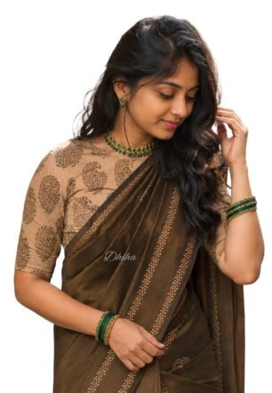 DHIHA South Cottonmix Hand Block Printed Saree for Women with Blouse And Tassels | Handloom Rathi Saree 6.2m | Extra Kalamkari Blouse 1m (Chocolate Brown)