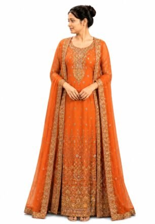 Women’s Orange Embroidered Anarkali Suit with Dupatta | Heavy Ethnic Gown | Back Design Full Length Dress