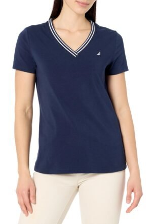 Women's Solid V-Neck Short Sleeve T-Shirt, Night Sky