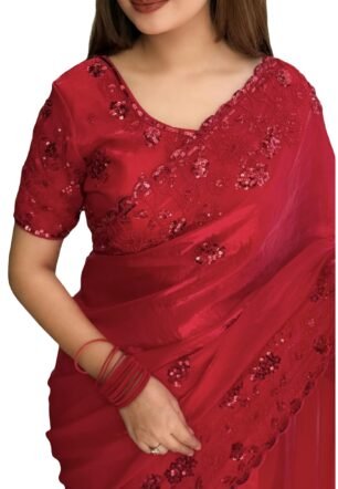 Women's Luxury Beads & Sequin Cut Work Border Fandy Satin Saree With Blouse (Red)