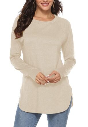 Women's Casual Batwing Long Sleeve T Shirt Round Neck Basic Loose Tunic Tops, Cream, Medium