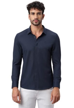 Men’s Hidden Button Shirt–Long Sleeve Bubble Check Shirt|Premium Nylon Blend, Regular Fit,Textured Smart Midnight Blue