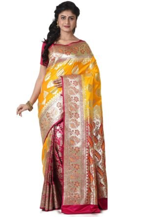 Women Katan Silk Banarasi Saree with All Over Golden Zari Border & Woven Design | Traditional Wedding Festive Saree | Rich Ethnic Party Wedding | With Blouse Piece