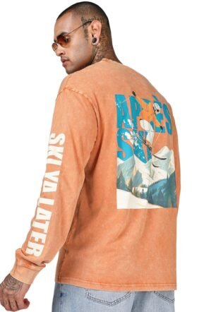 Men's Graphic Printed Oversized Fit Full Sleeve Round Neck Pure Cotton Acid Wash T-Shirt_1500835_Orange