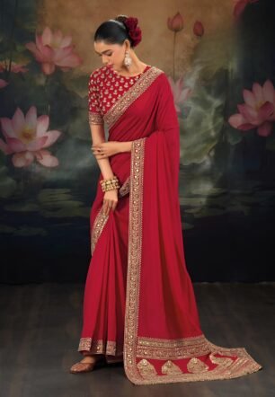 Red Embroidered Saree with Golden Border, Traditional Indian Ethnic Wear, Embellished Blouse (RED)