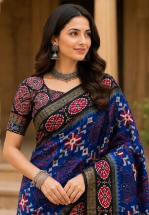 Women's Traditional Printed Saree with Designer Border Elegant Ethnic Wear for Festive Wedding Party Function (Blue)