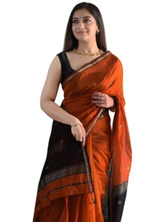Women's Cotton Linen Saree With Gold-Toned Zari Work & Blouse Piece (kp-5034-dark-orange-black-re-02)